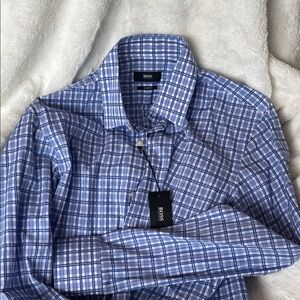 Boss Men's Blue Plaid Dress Shirt